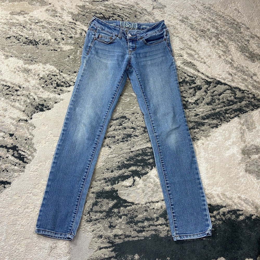 So Jeans Womens 1R Blue Denim Cotton‎ Stretch Low Rise Medium Wash Skinny Leg